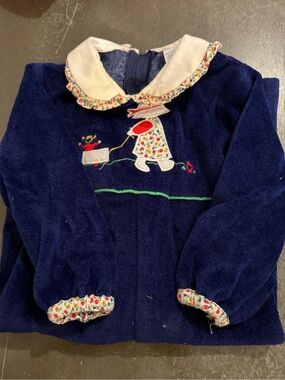 Vintage 1980s Navy Velvet Girl Jacket with Sunbonnet Embroidery
